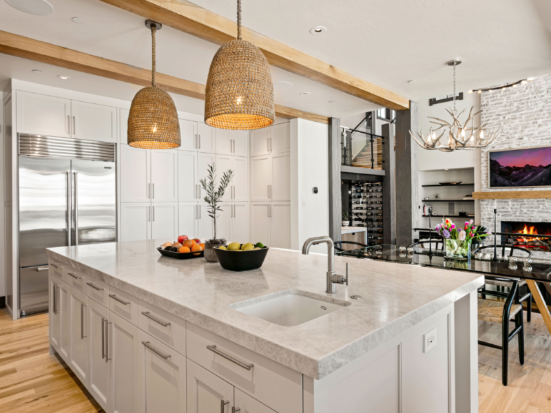 Kitchen island with custom lights hanging above