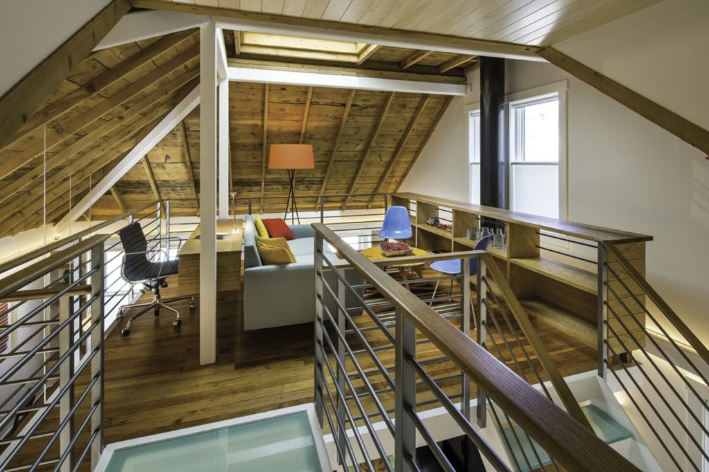 Attic loft hardwood floors and custom ceiling