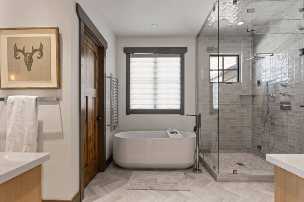 Custom bathroom with white bathtub